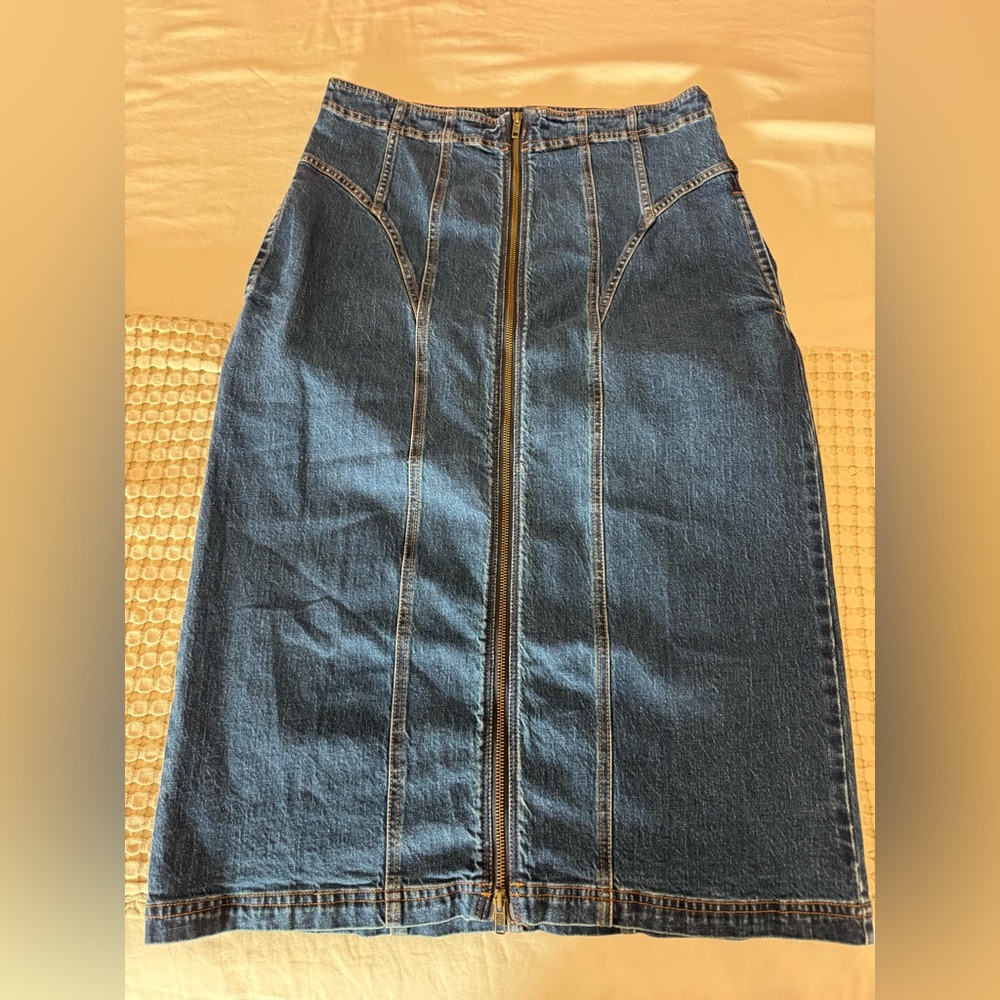 Pilcro Dark Blue Denim Midi Skirt with Center Zip